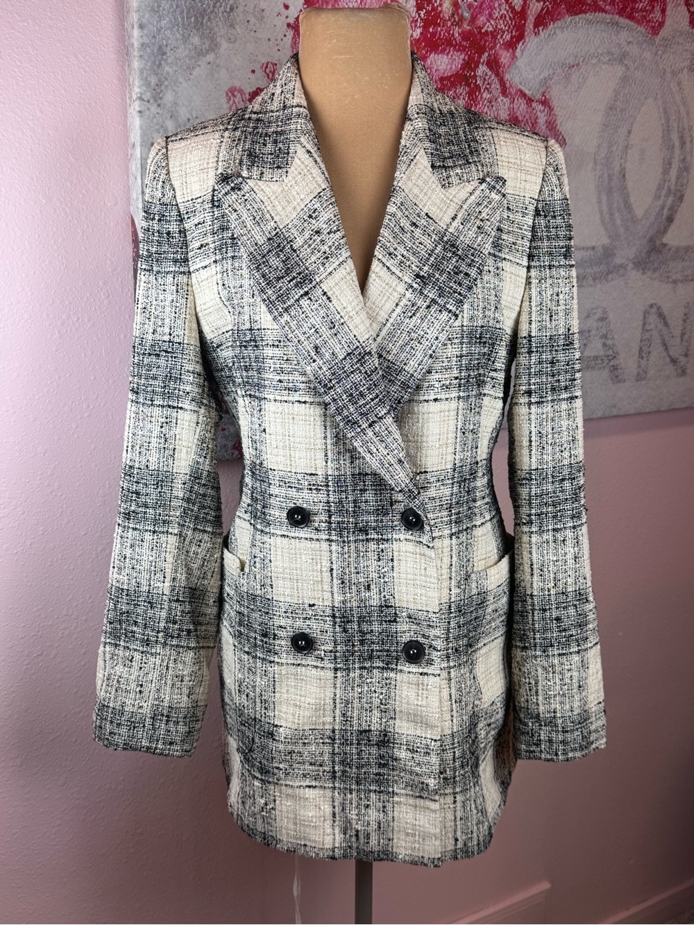 Essential Antwerp Plaid Double-Breasted Women's Blazer Jacket - Black & Cream - Picture 3 of 15